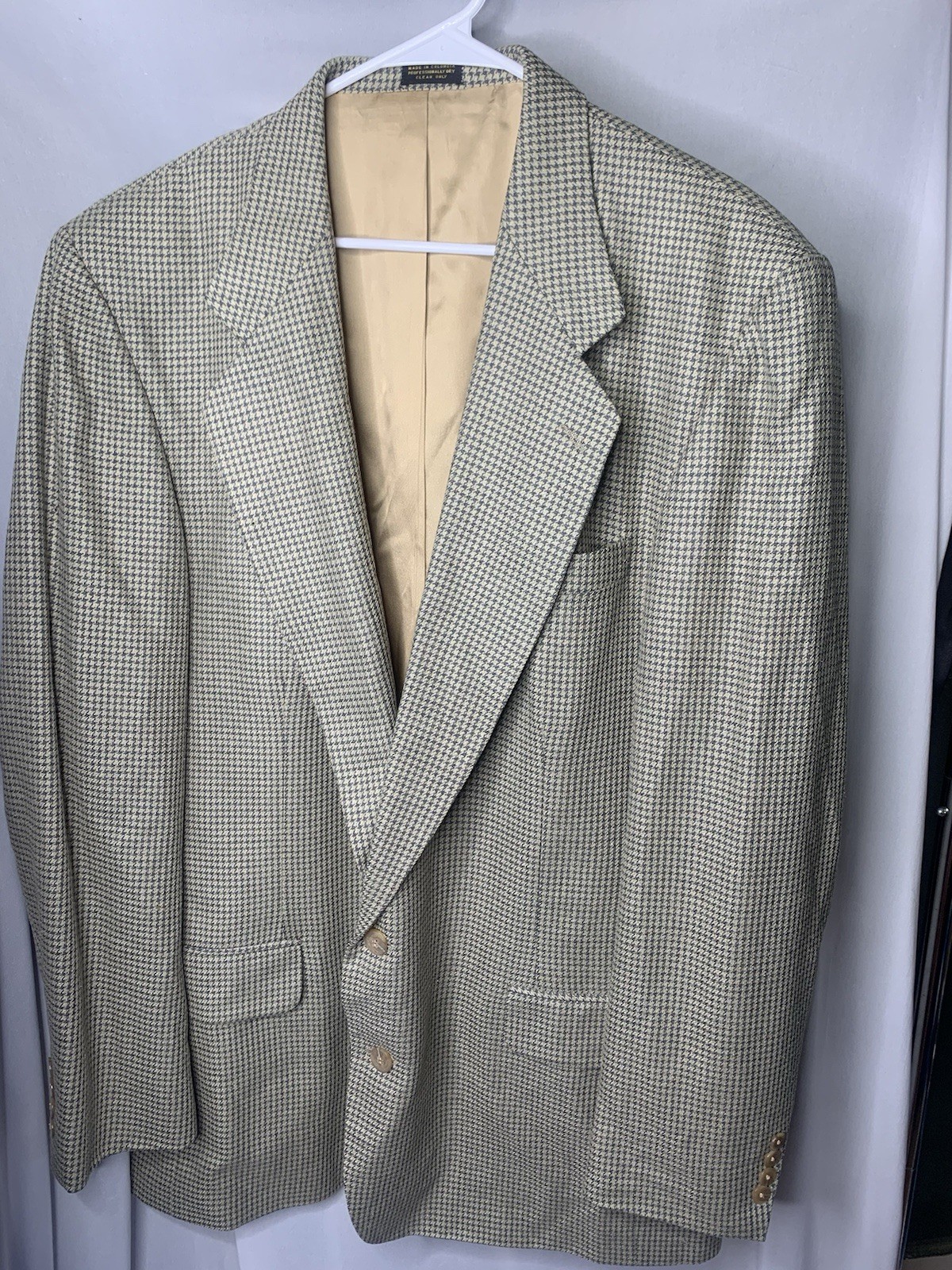 Mens Large Hounds Tooth Tan Suit Jacket Lana Moda Italy Sports Coat Blazer VTG