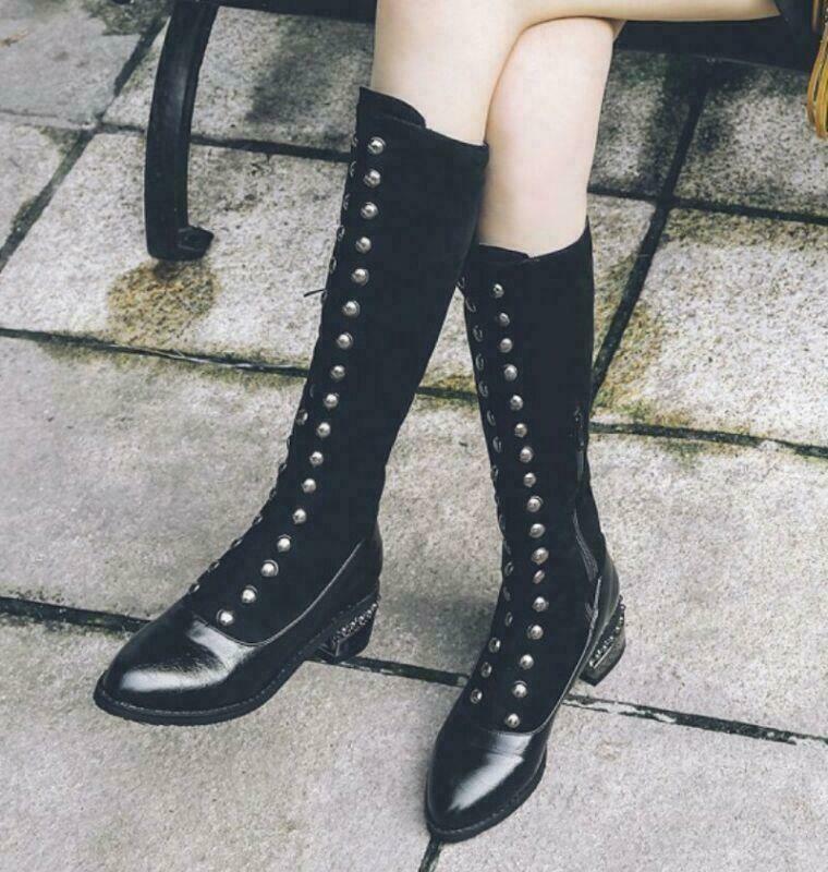 British Women’s Studded Pointy Toe Zip Knee High Boots Biker Gothic Riding Shoes