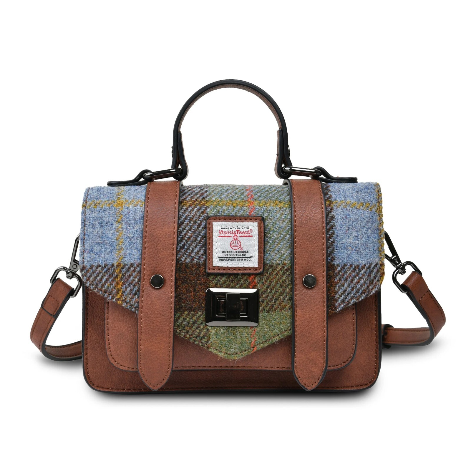 Large Satchel Bag Harris Tweed Chestnut Blue Tartan Zipped Pocket Shoulder Strap