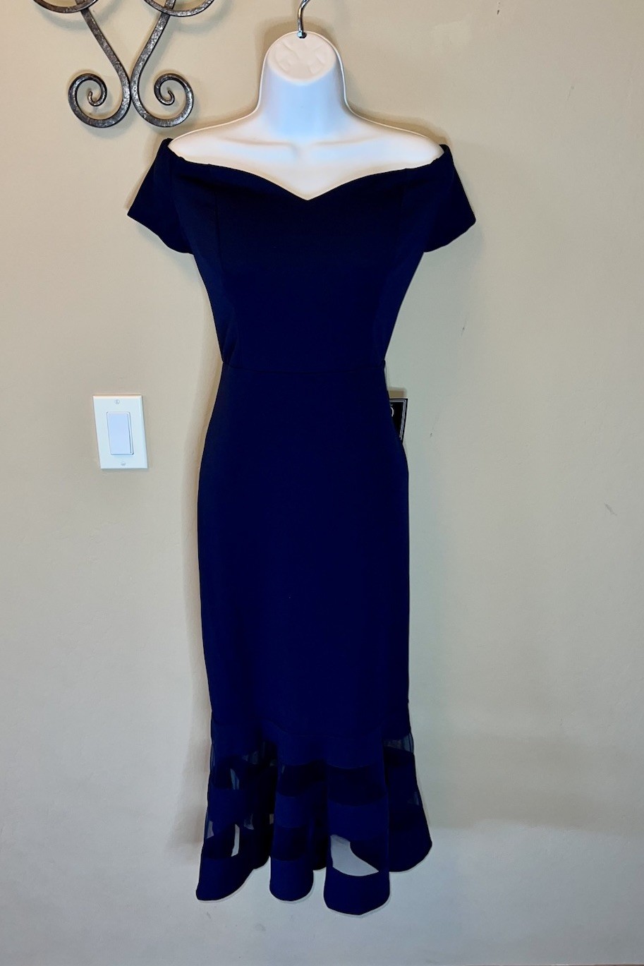 New Rebecca B. Navy Off Shoulder Sweetheart Neckline Midi Dress 8