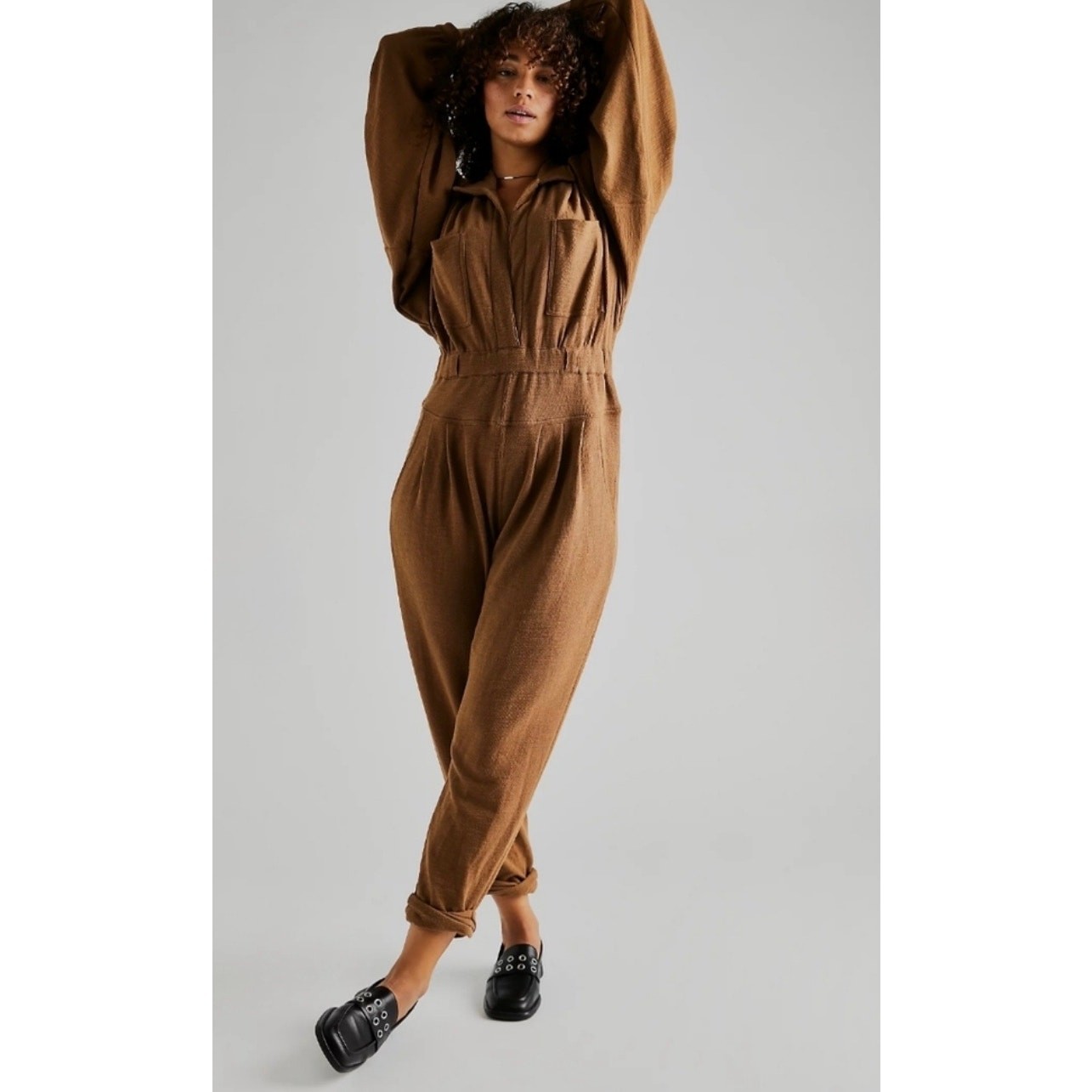 Free People Beach Calico Utility Jumpsuit Brown Boho Pockets Cropped Women’s M