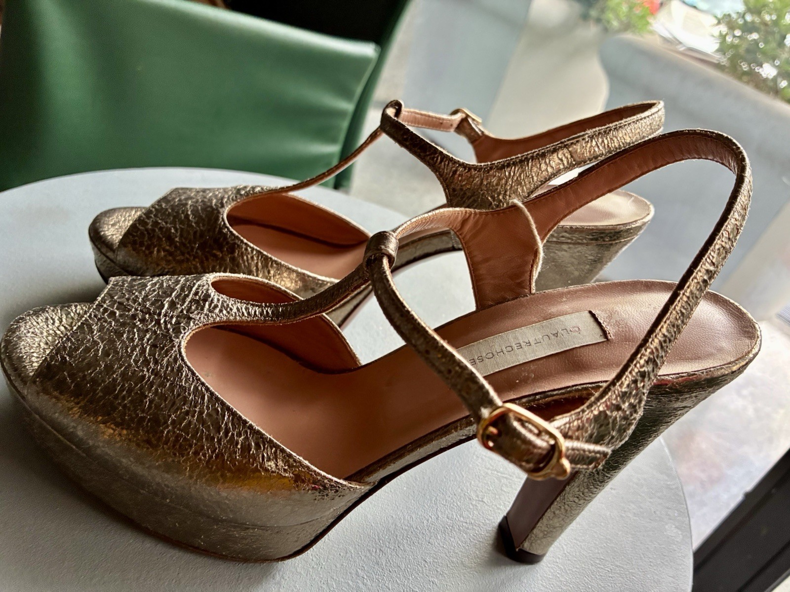 THE OTHER THING T-Strap High Heel Platform Sandal Bronze/Gold Cracklé Leather n.40