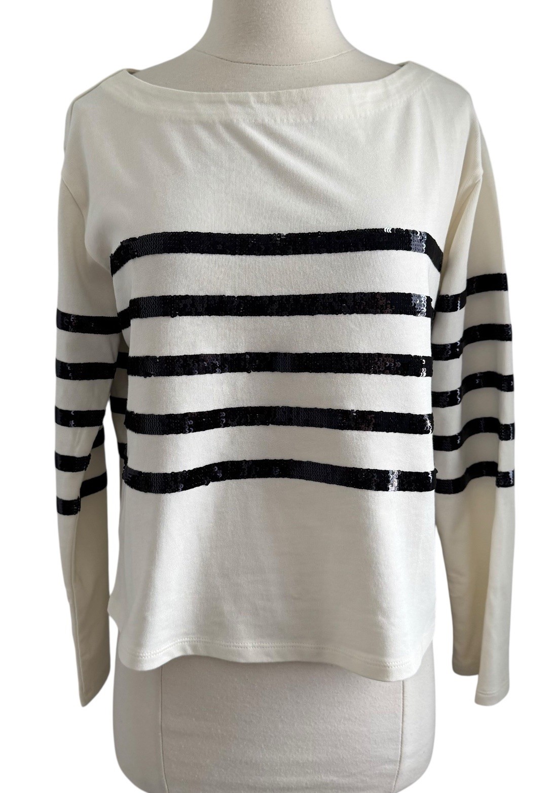 J Crew Mariner Jersey Cropped Boatneck Sequin Top Womens SZ XS Black White NWT