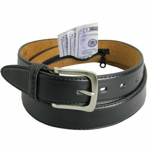 Genuine Leather Men Casual Money Zipper Safe Dark Brown Belt S M L XL. 1.1/4″ W
