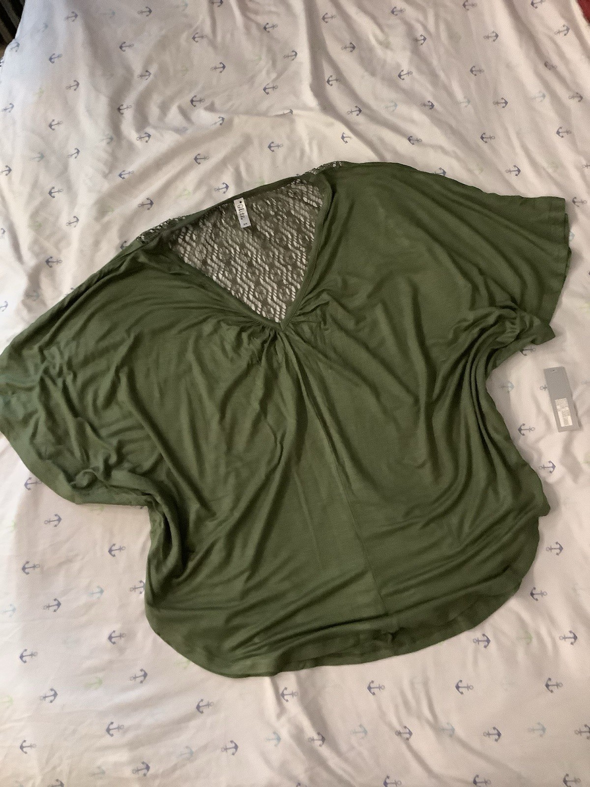 Glitz Women’s Olive Green Lace V-Neck Circle Batwing Dolman Sleeve Blouse 2X