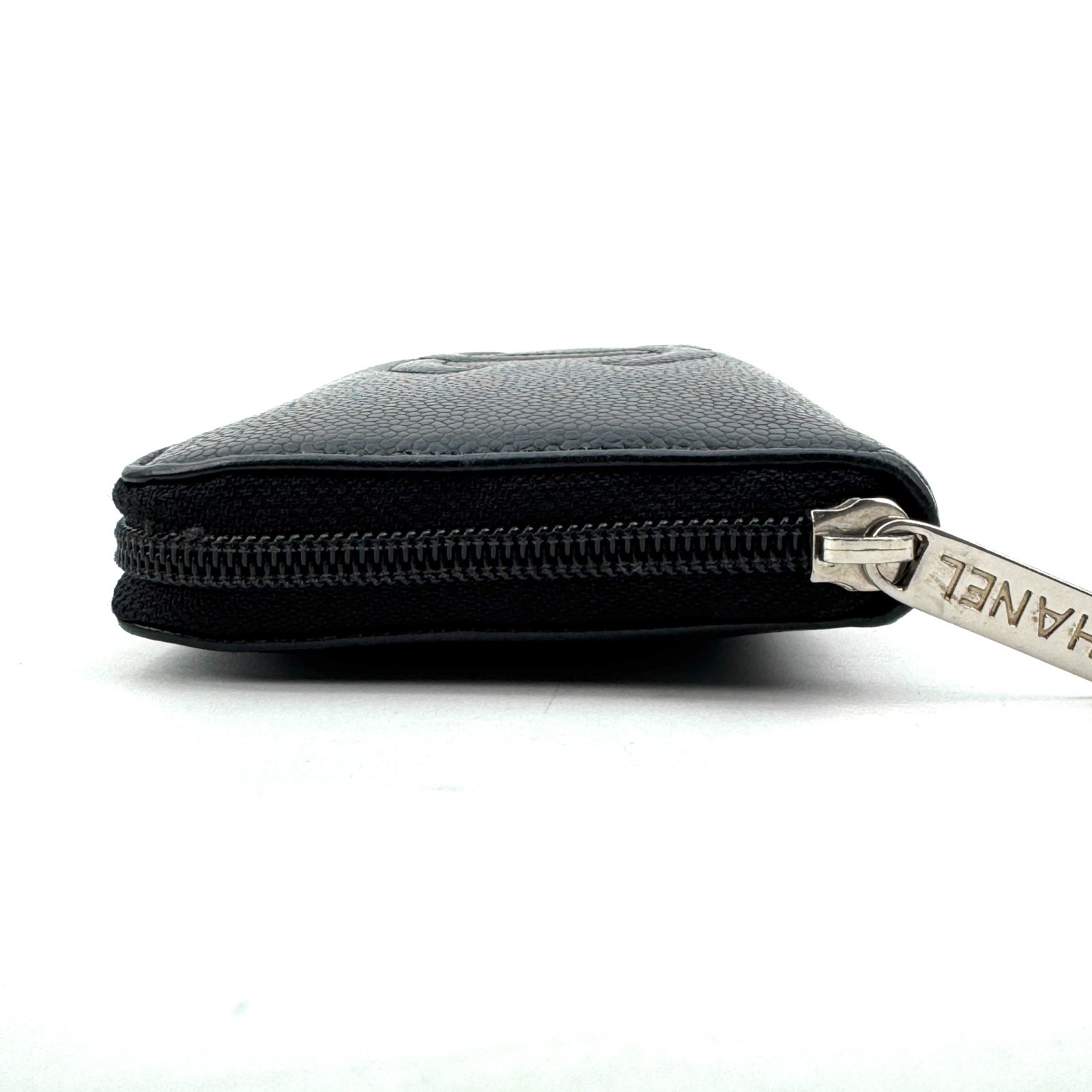 CHANEL Black Caviar Skin Leather Zip Around Wallet COCO Mark Authentic