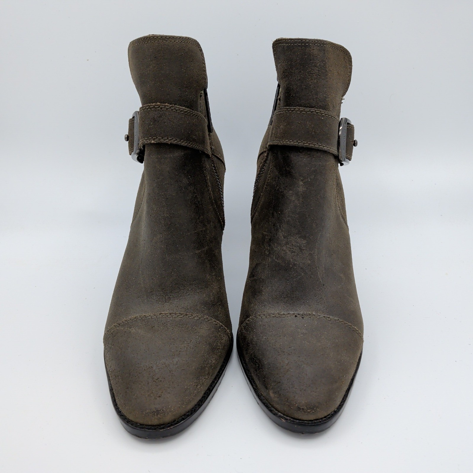 Donald Pliner Sage Suede Buckle Ankle Boots Women’s 9.5M Olive Brown Block Heel