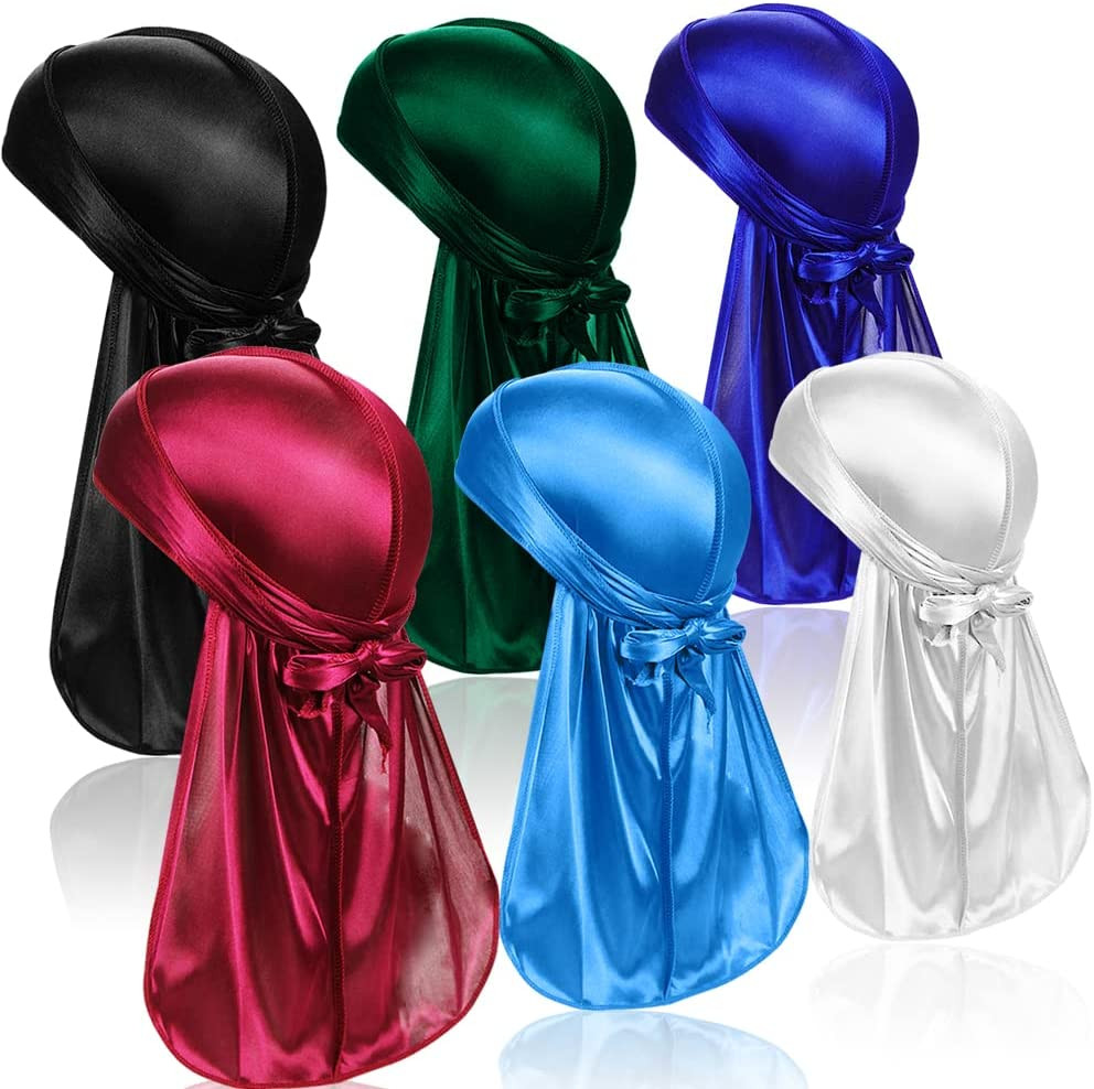 6 Pcs Silky Durag Headwraps Dorag for Men Women Waves, Durags Pack with Long Tai