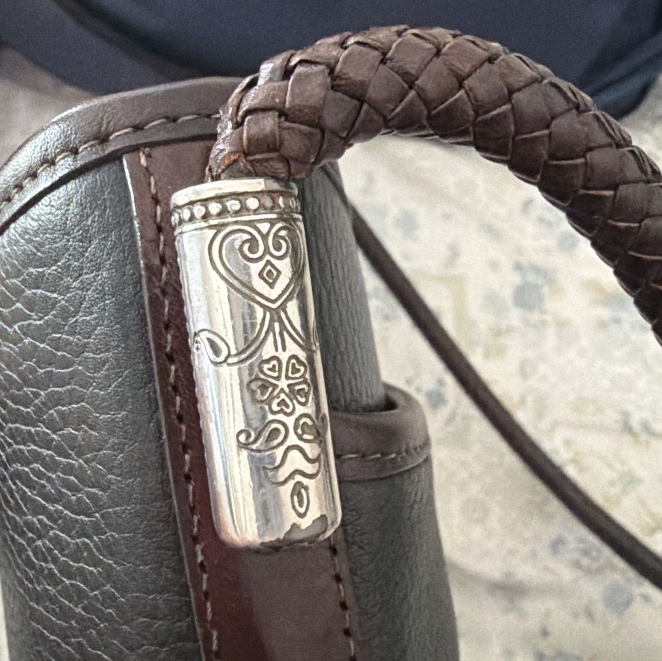 Vintage Brighton Black Brown Leather Shoulder Bag Braided Strap Heart Charm