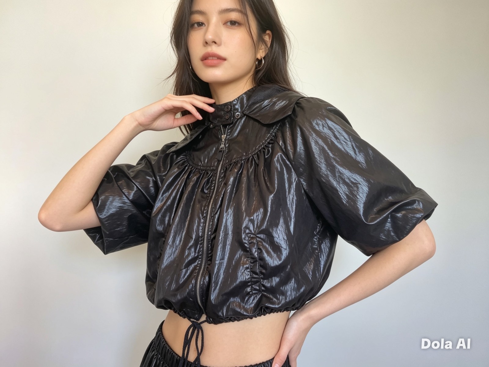 VTG Rosso Di Sera Italy Wet Look Shiny Black Jacket Hooded Y2K Cropped Balloon