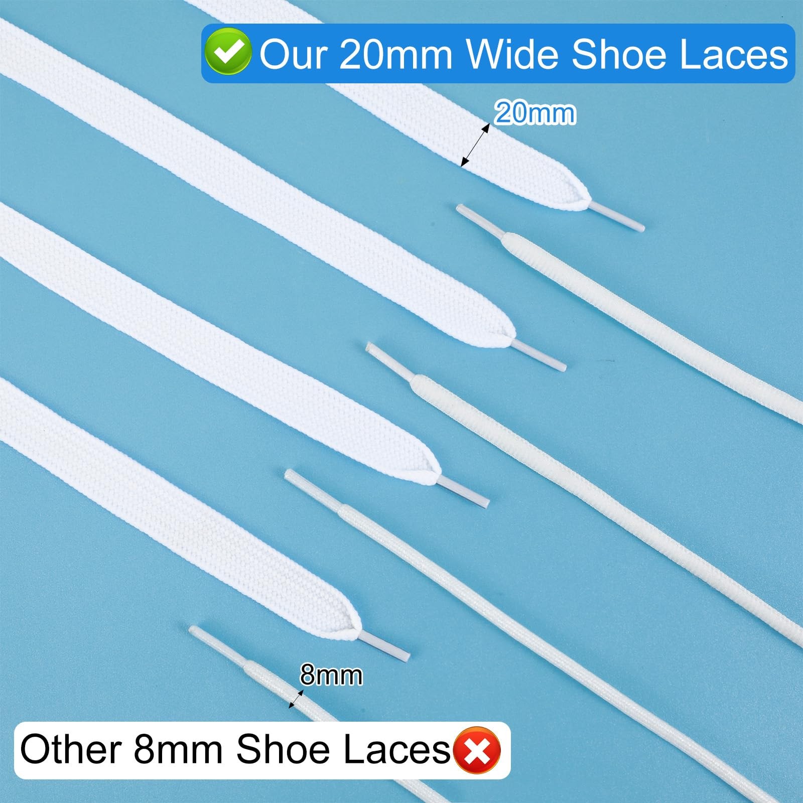 2 Pairs Fat White Shoe Laces for Sneakers, 3/4 2cm Wide Thick White Athletic