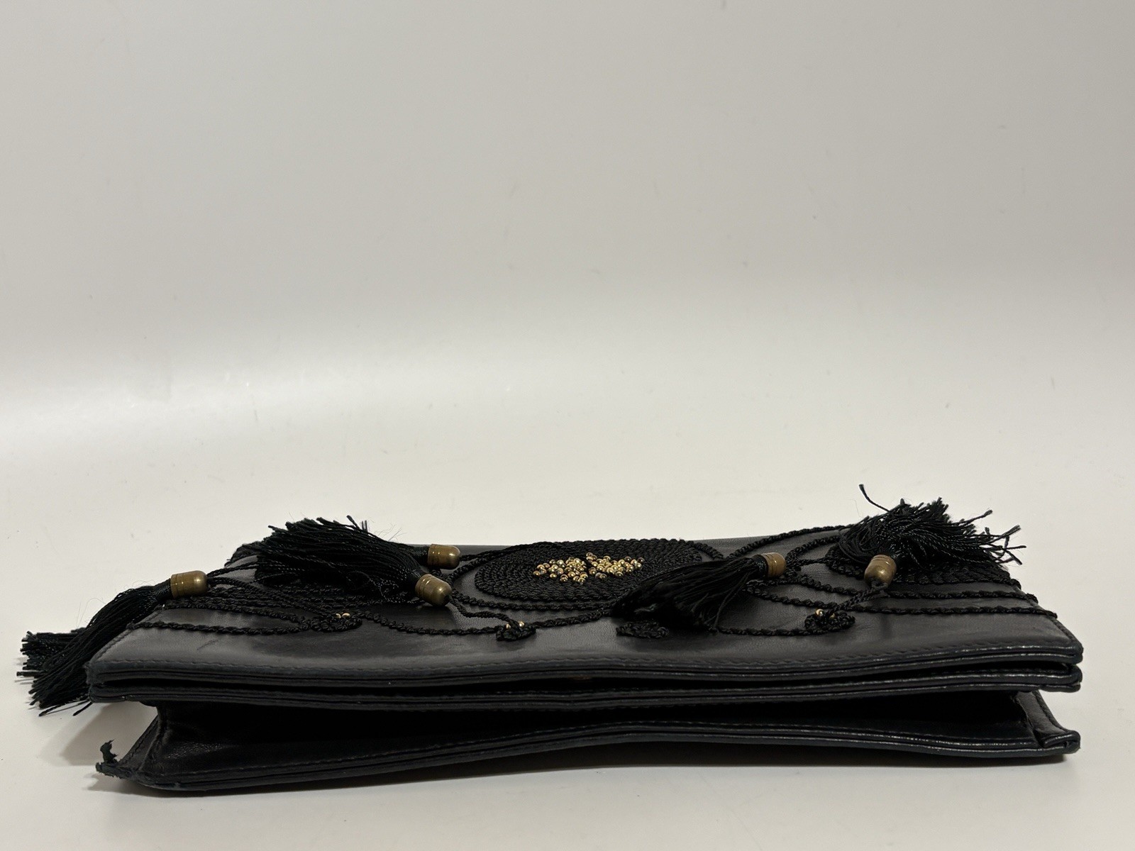 Vtg Gianni Versace 80s Black Leather Tassel Clutch Bag