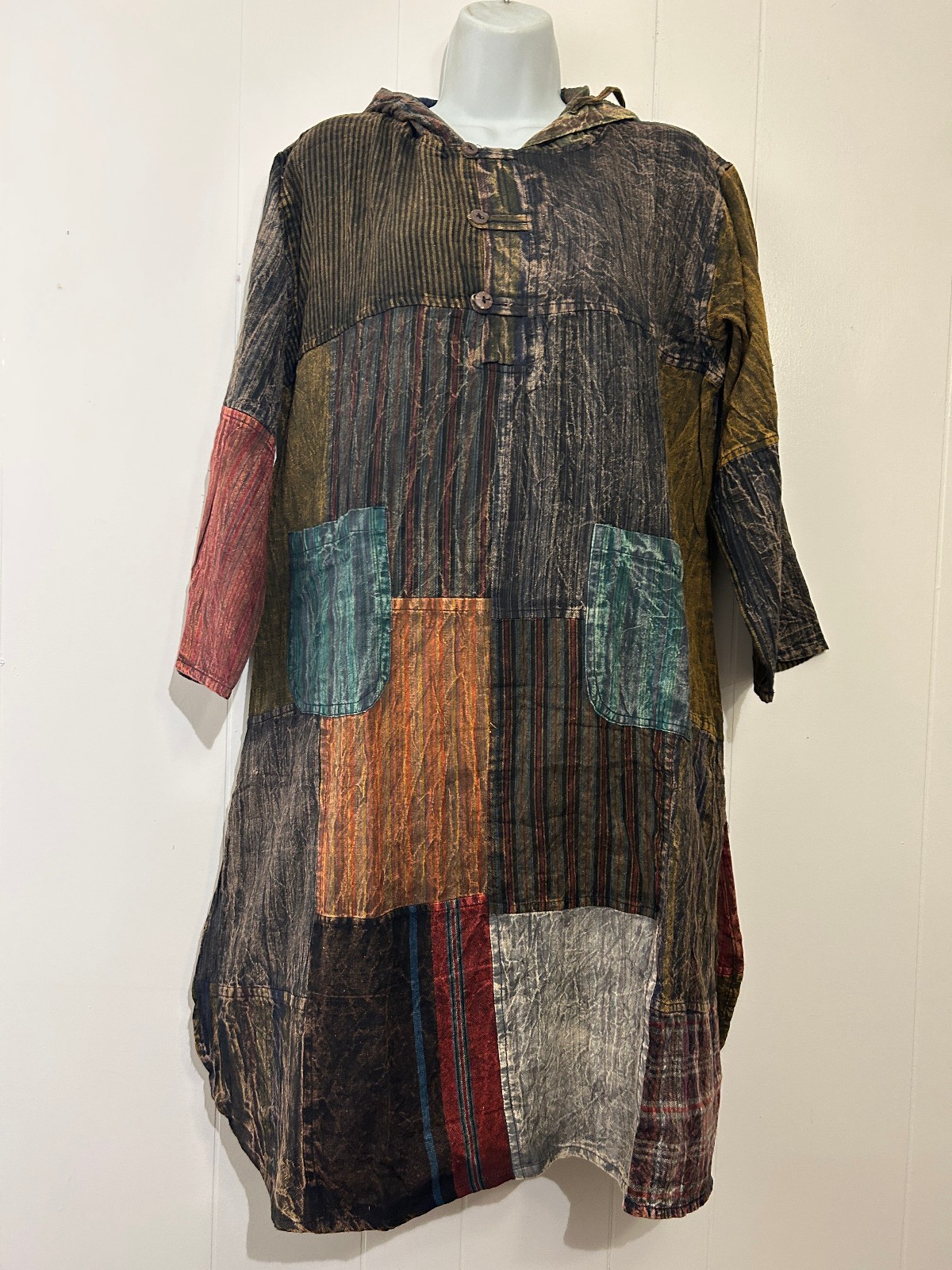 Nw FUNKY STUFF hippy pocket patch distressed TUNIC TOP HOODIE DRESS XL Free ship