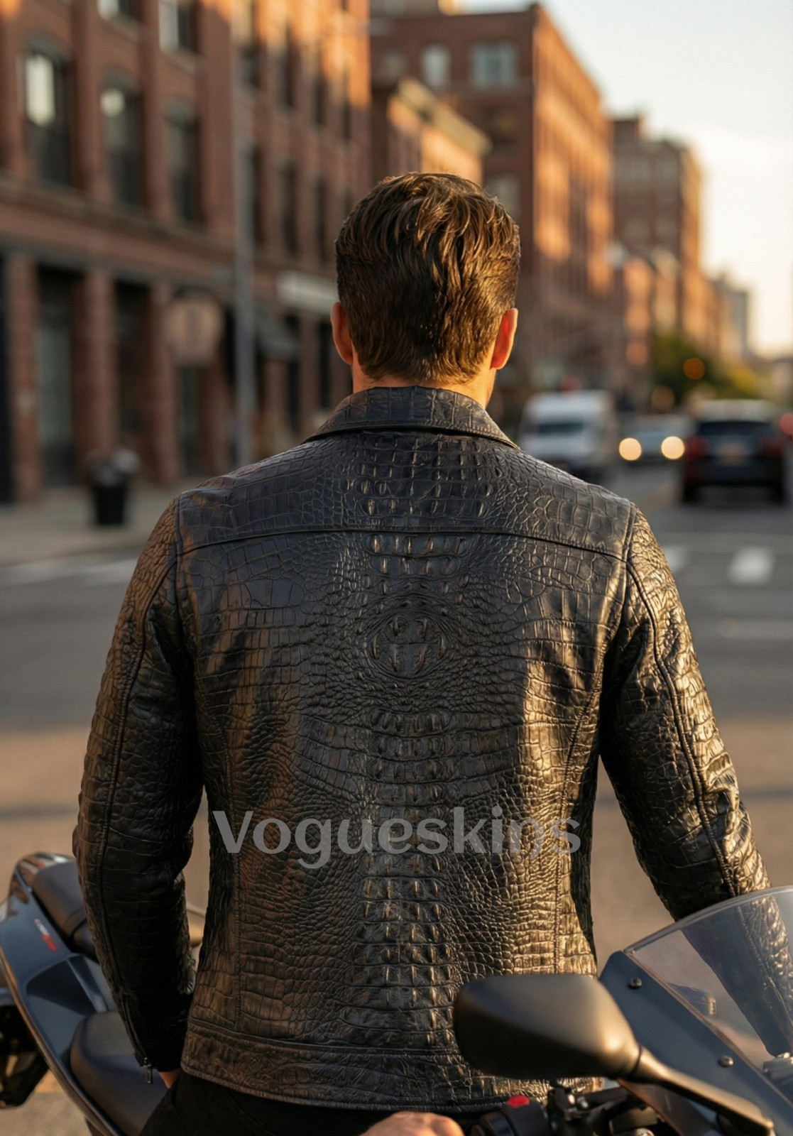 Men’s Black Crocodile Embossed Leather Jacket Real Cowhide Biker Slim Fit