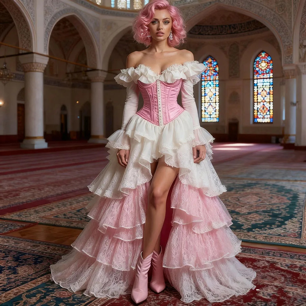 Pink White Off Shoulder Corset Tiered Lace High Low Prom Party Evening Dresses