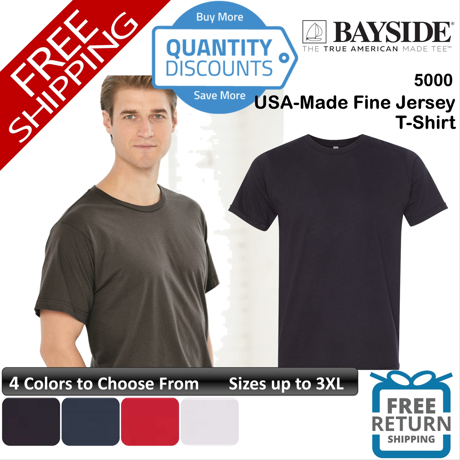 🔥 Bayside Men Usa-made Fine Jersey Ring-spun Cotton T-shirt Up To 3XL 5000