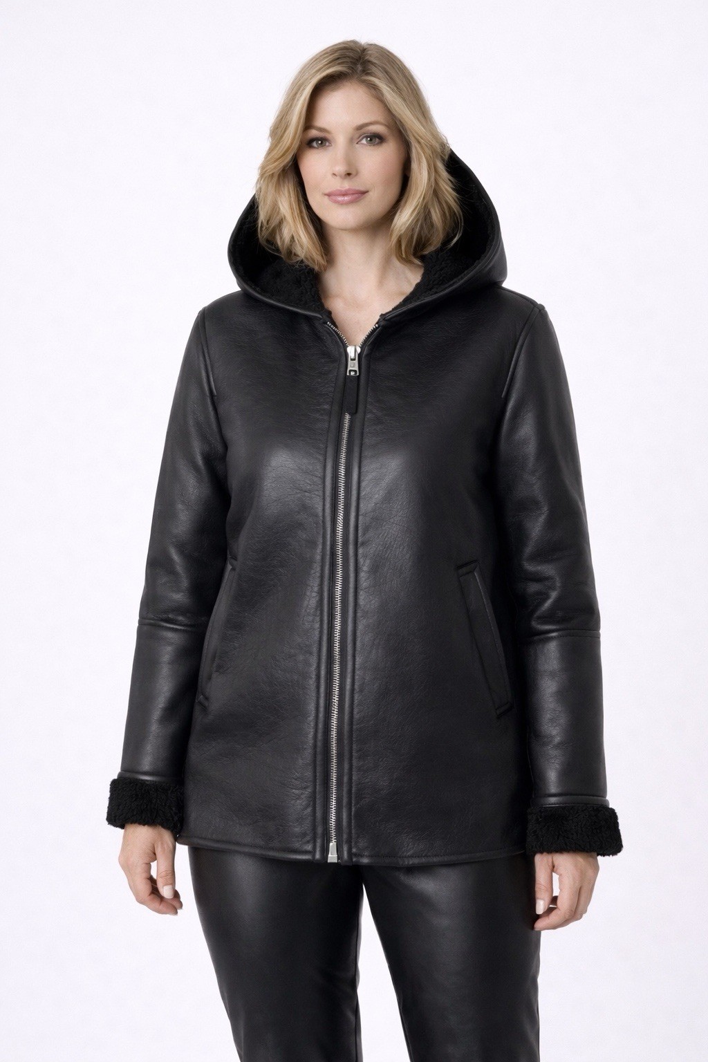 Bearpaw Faux Leather Faux Fur Hooded Moto Jacket Motorcycle Black S $200 NWT