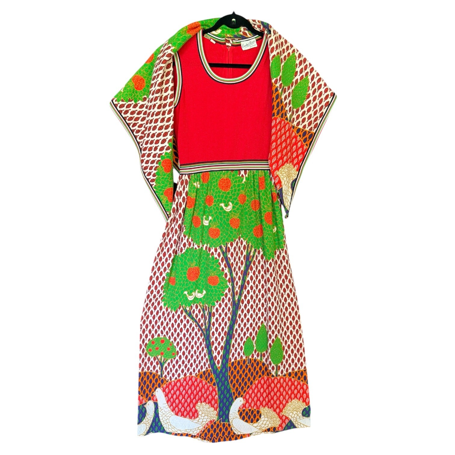 Vintage 60s 70s 2 piece set novelty print trees and birds dress