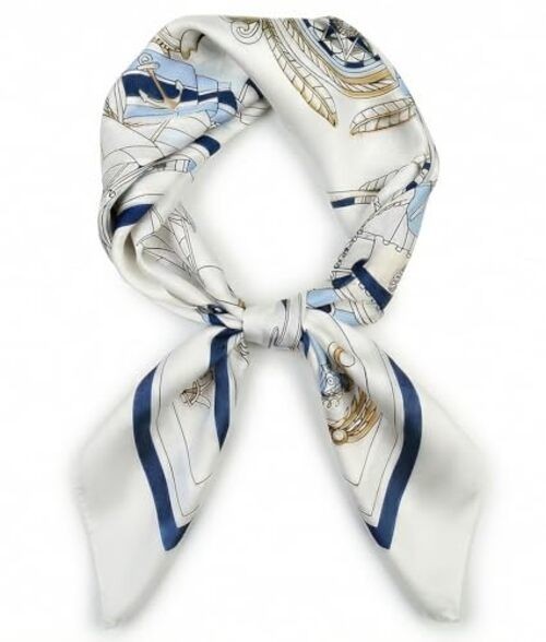 Women’s Square Scarf 27.5 in (70 Anchor & Sailboat (White / Navy Blue / Gold)