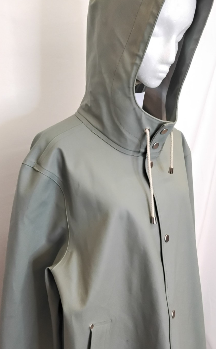 Stutterheim Raincoat Women’s Large Sage Green Long Hooded Pockets #Z5781
