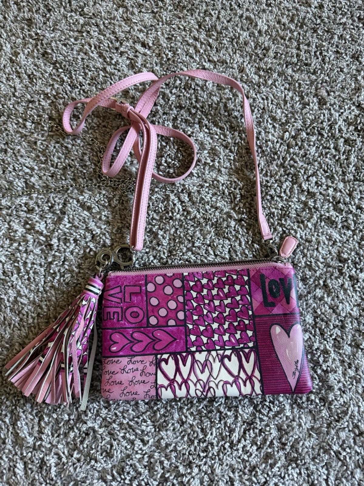 Pink White Purple Heart Patchwork Crossbody Bag Zip Tassel Detachable Strap