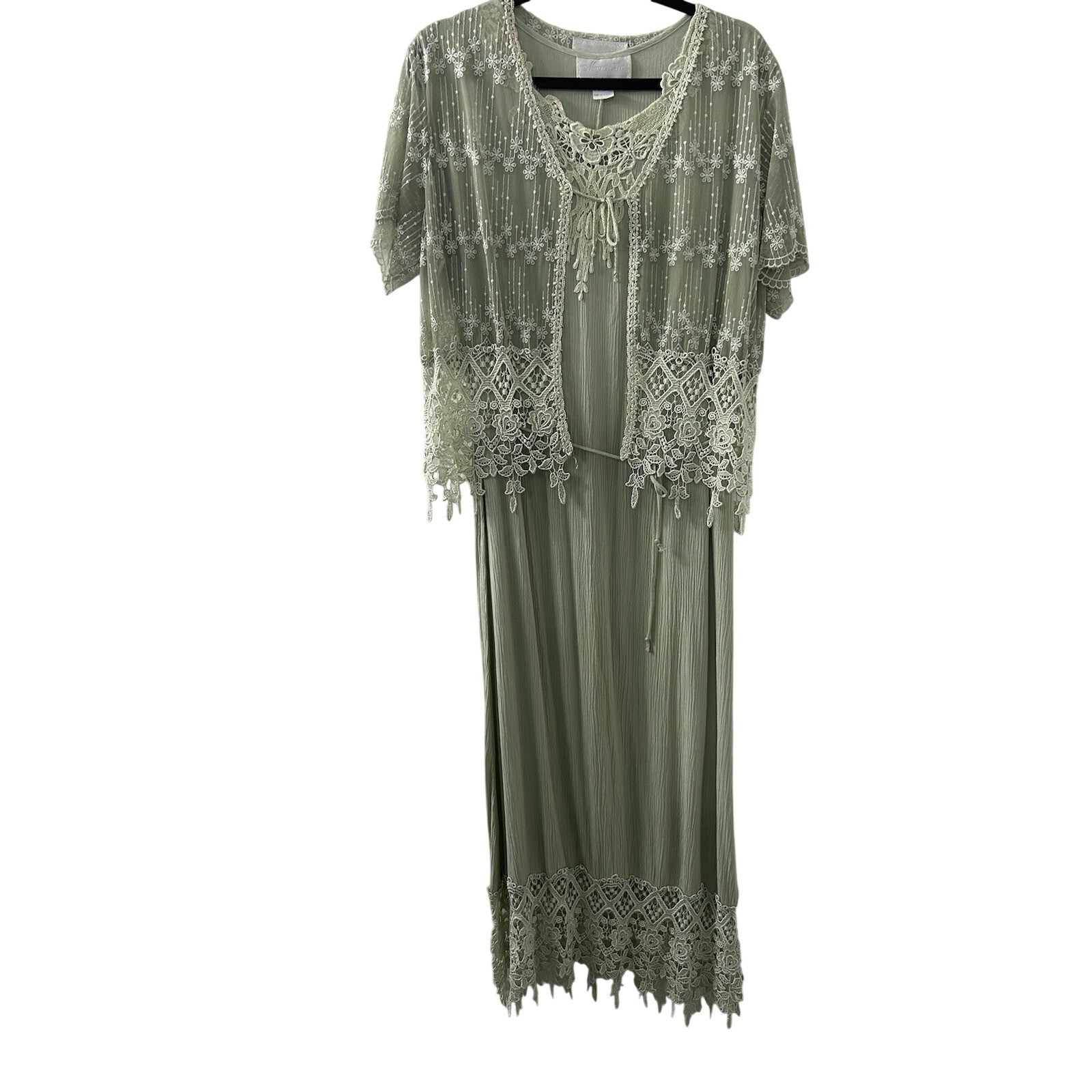 Magnet Art Lace Rayon Maxi Dress Set L Sage Green 2pc Cardigan Boho Cottagecore