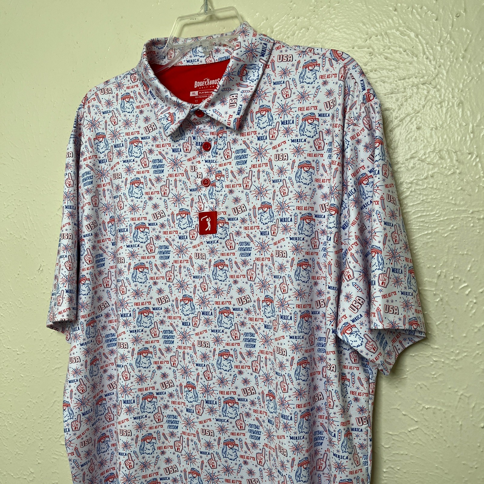Bogey Bros Shirt Mens XL White Polo Merica Fireworks USA Golf Performance