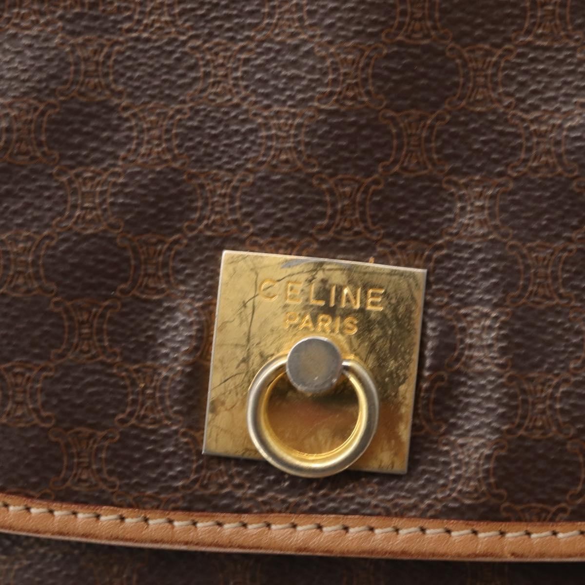 CELINE Macadam Canvas Backpack PVC Leather Brown Gold Auth 164150