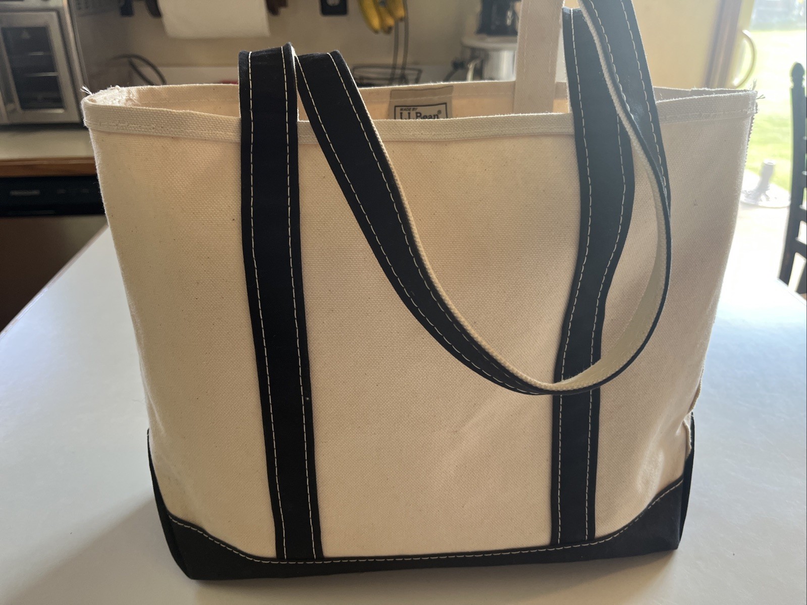 LL Bean Boat and Tote Canvas Bag 12.5″ 5.5″ Black White Made In USA Stiff Short