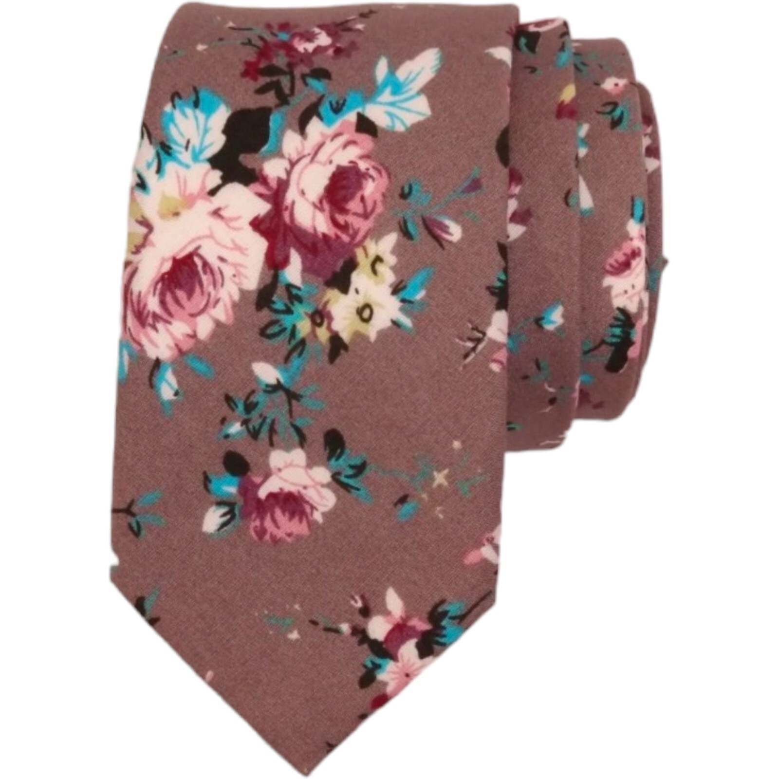 ELZAMA Mens Slim Floral Tie 2.25 Taupe Brown 100% Cotton Summer Wedding Necktie