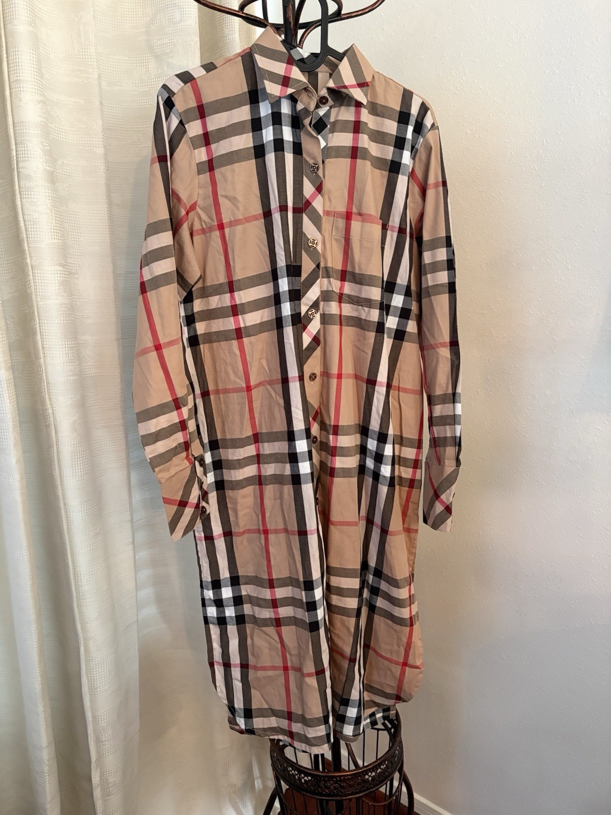 Brand new Checked Long Shirt dress with slit in Beige size medium- Classic Plaid