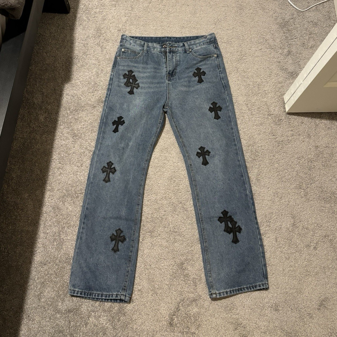 Chrome Hearts Men’s Blue Denim Straight Jeans Logo Cross Patches 5-Pocket