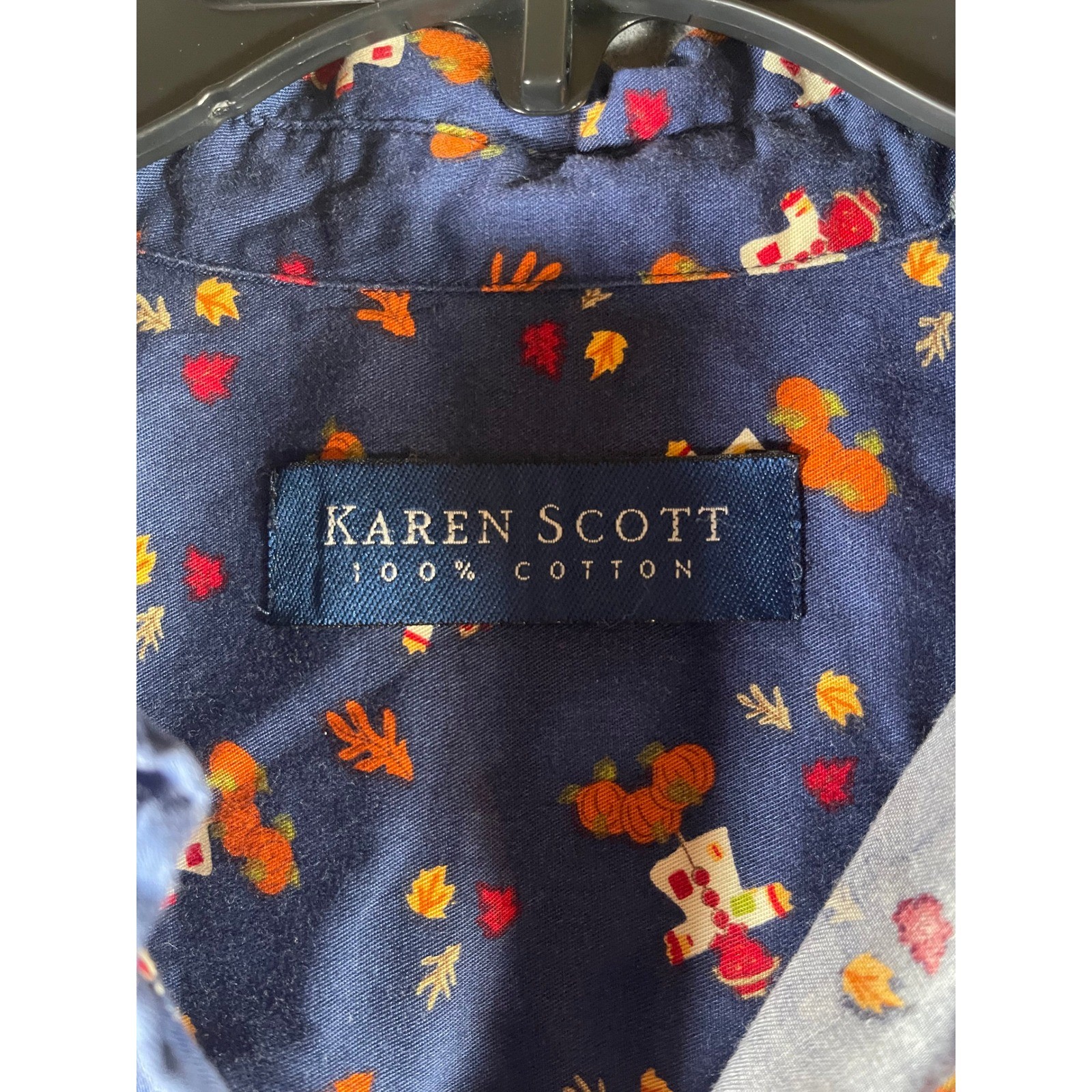 Karen Scott Womens Navy Blue Fall Scarecrow Pumpkin Cotton Button Down Shirt L
