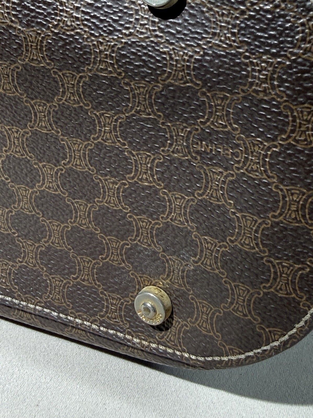 Celine Macadam Triomphe Brown Tote Bag Gold Hardware Leather Shoulder Strap