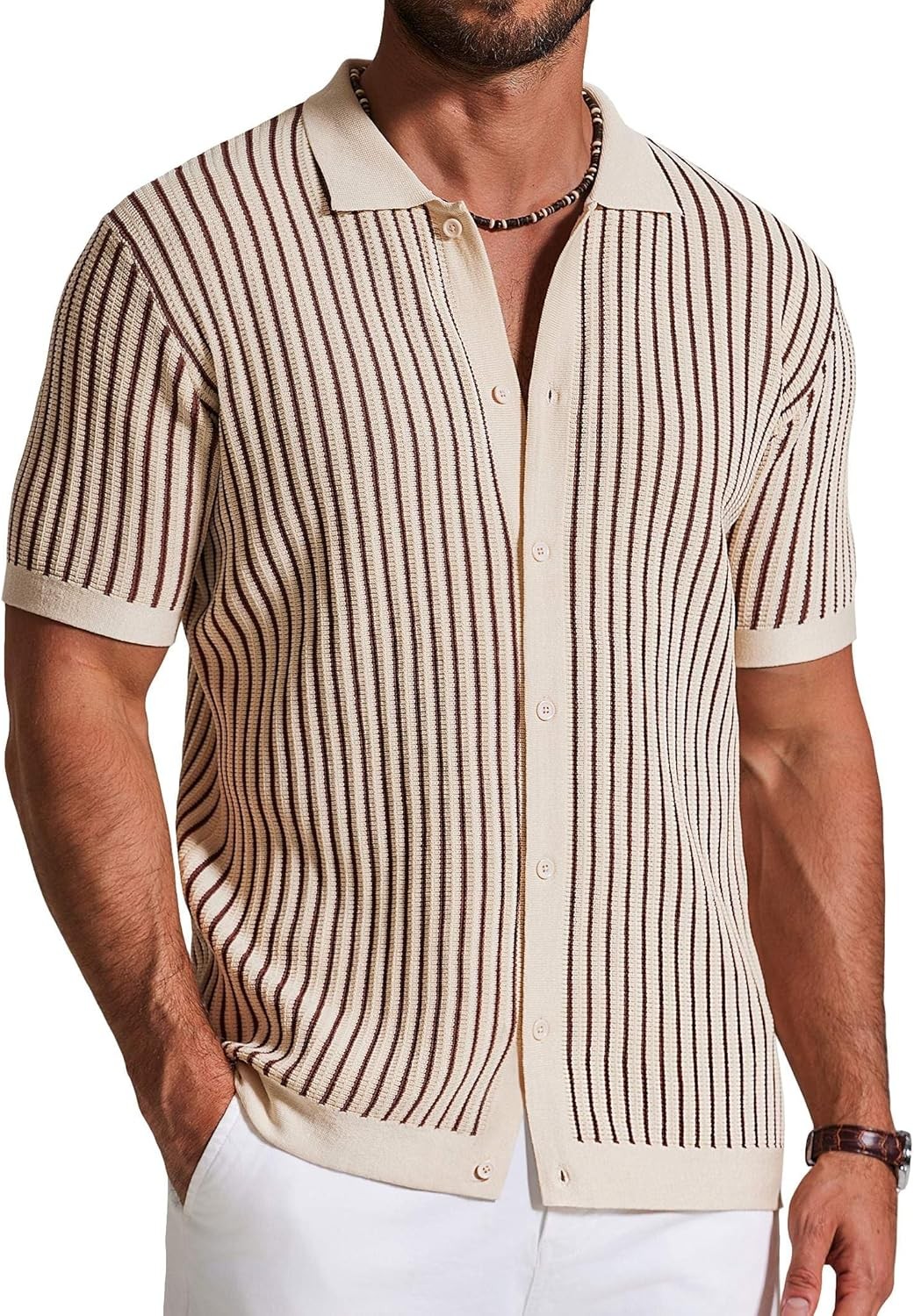 Mens Knit Polo Shirt Short Sleeve Button Down Vintage Striped Breathable Casual