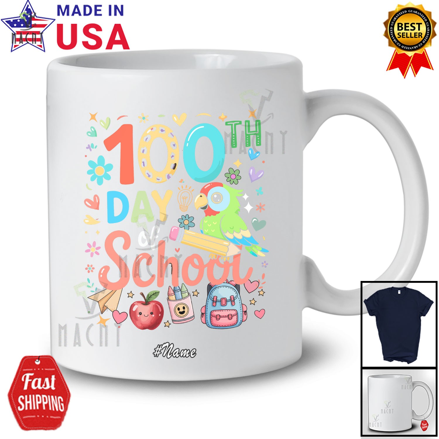 Custom Name 100th Day Of School; Adorable Parrot Pencil; Teacher Students Shirt