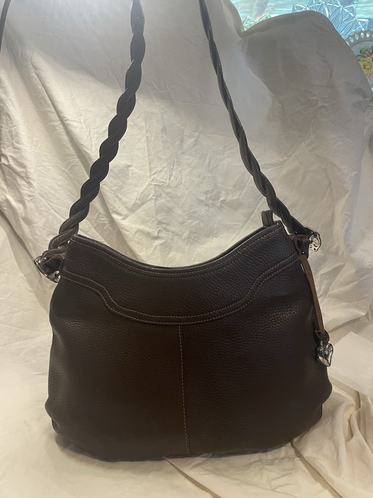 Brighton Brown Pebbled Shoulder Bag Braided Strap Floral Lining Inner Pockets