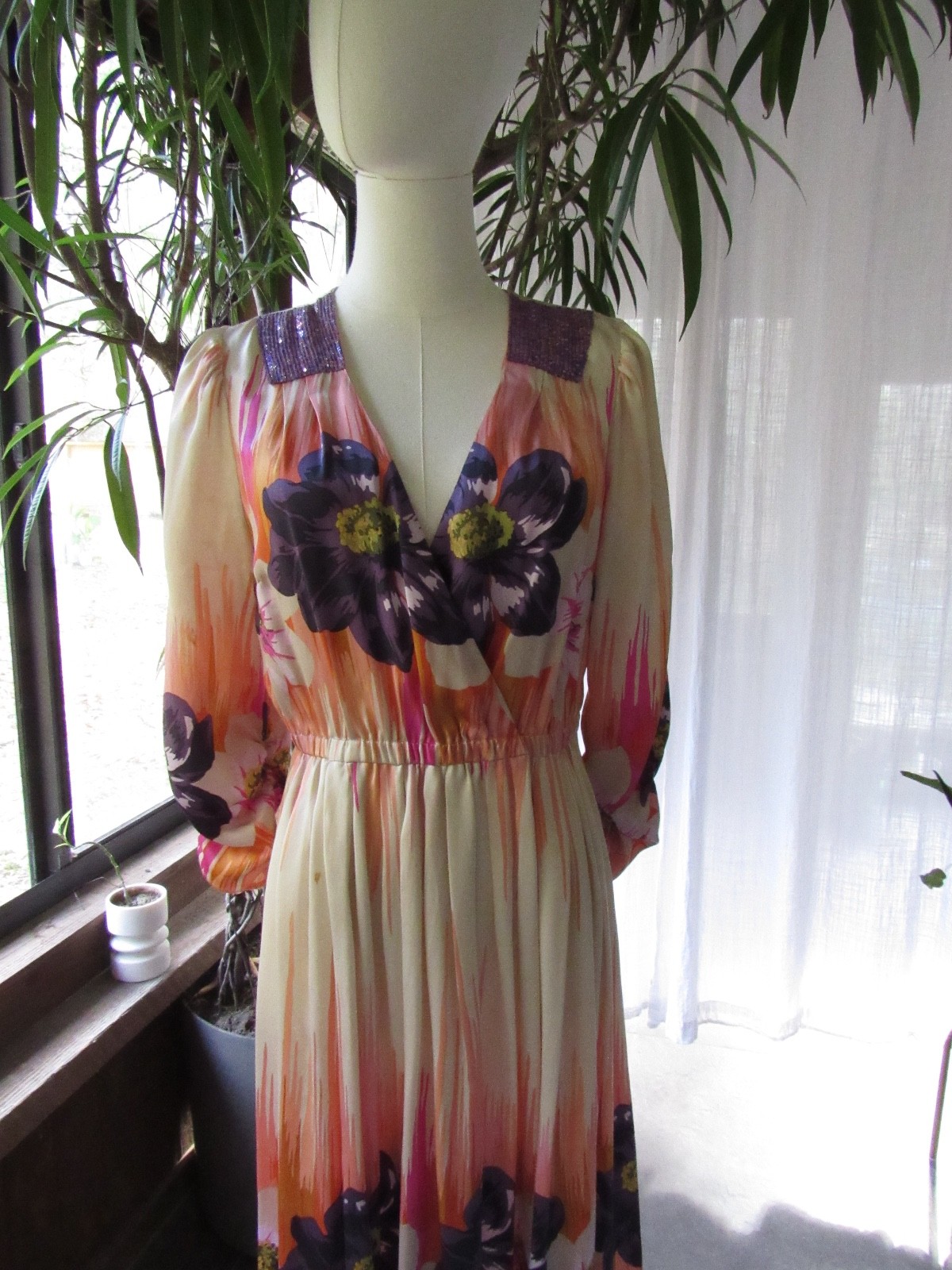 $240 Anthropology Plenty tracy reese Silk DRESS sequins Floral Party Holiday Vtg