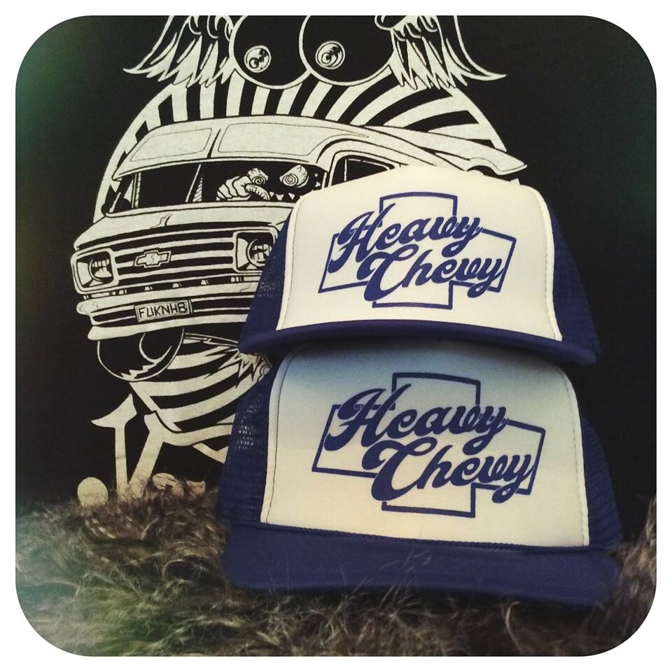 HEAVY CHEVY BLUE & WHITE TRUCKER HAT van g10 vandura grill patch shirt shorty