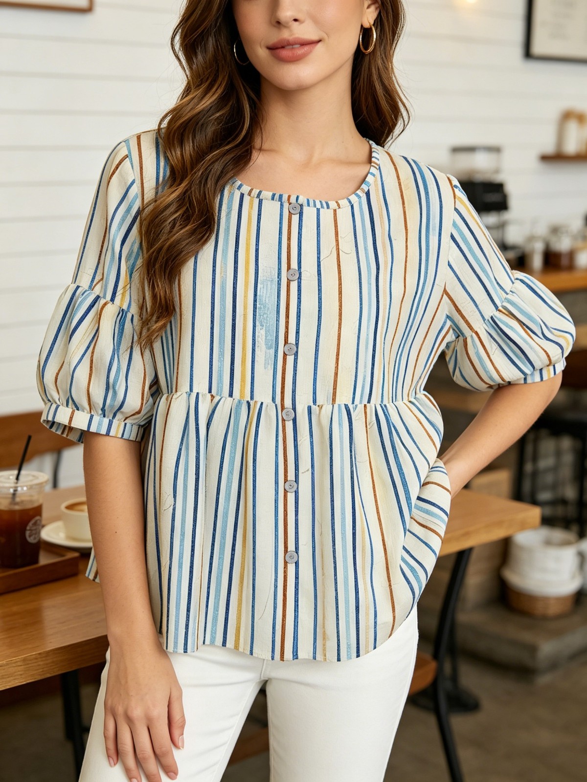 Breathable Comfort Womens Crew Neck Button Shirt Short Puff Sleeve Summer Blouse
