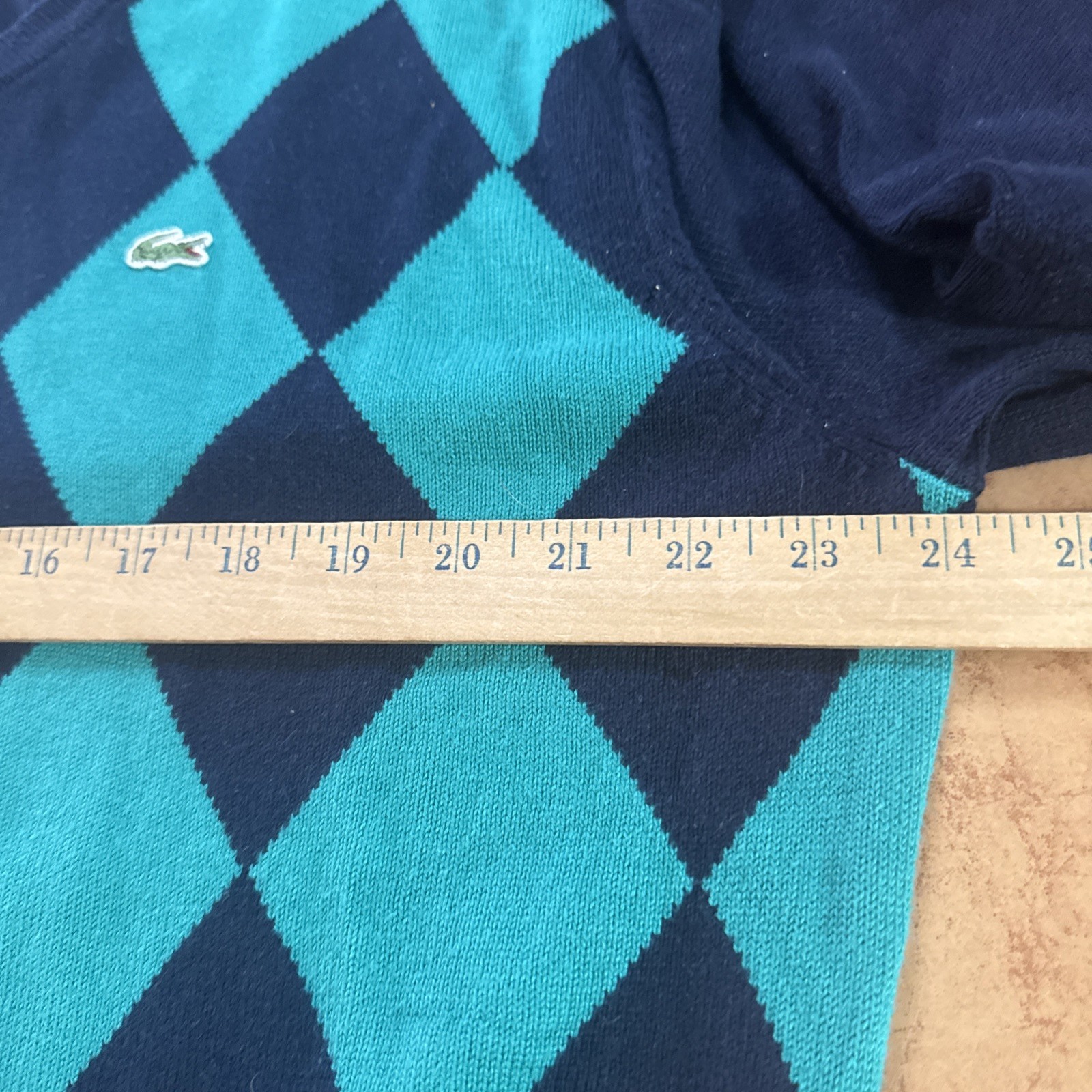 Lacoste Sweater Men’s 6 XL Blue Argyle Knitted 100% Cotton V-Neck Golf Pullover