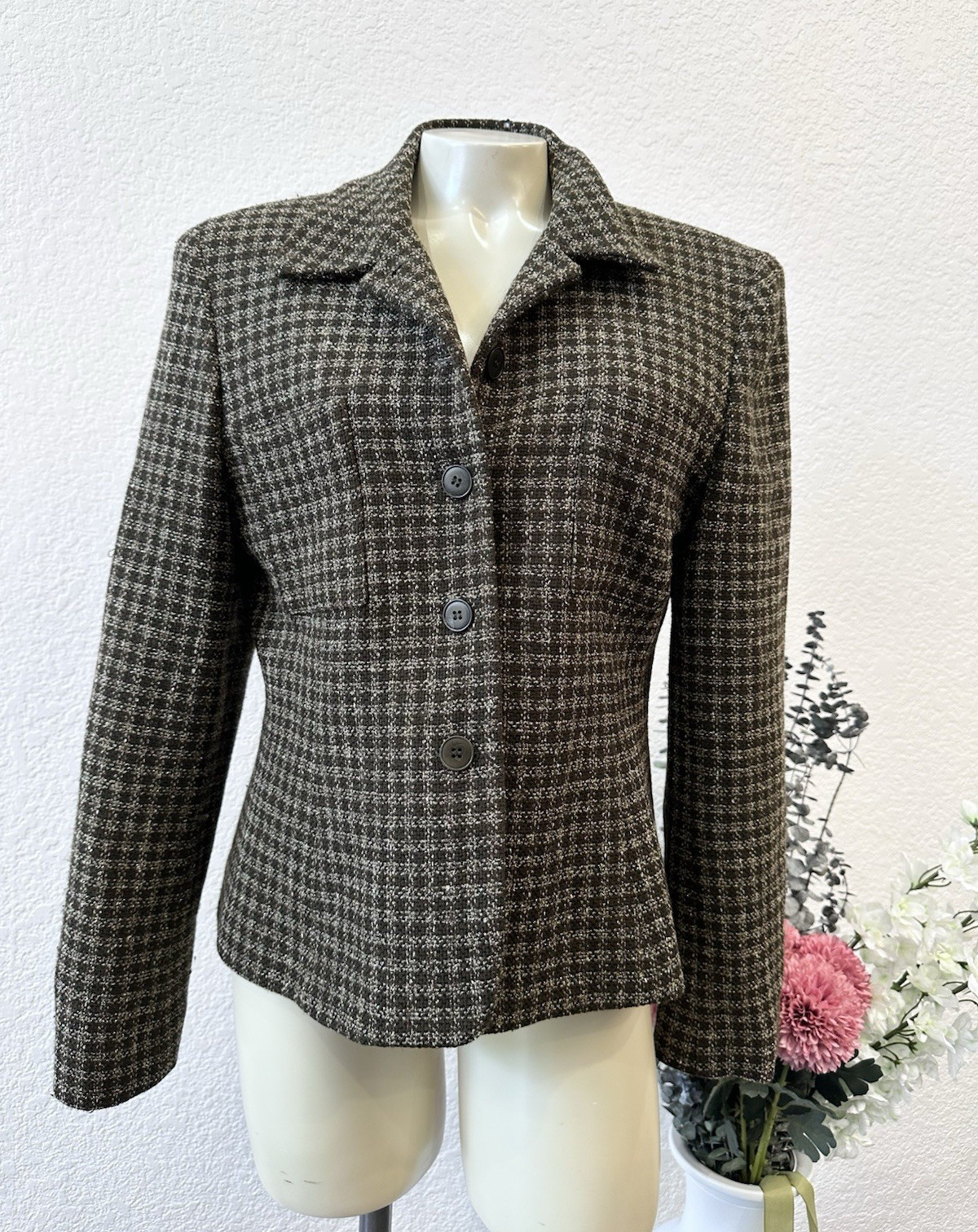 Jones New York Womens Houndstooth Button Front Lined Jacket 10 Black/White