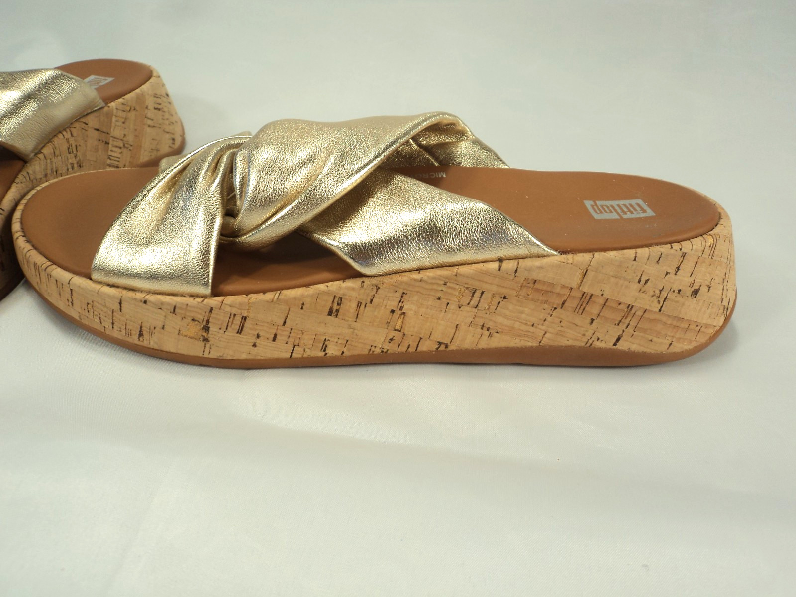 FitFlop F-Mode Leather-Twist Flatform Slides-Cork Wrap in Gold Sz 10 NWOB