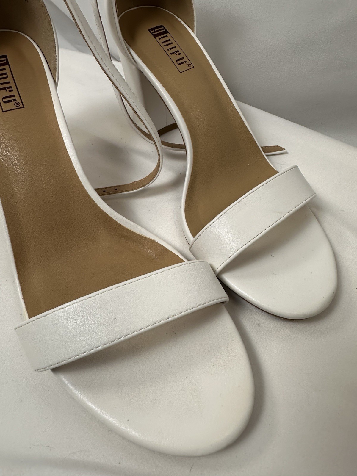 Burudani Women’s White Ankle Strap Chunky Block Heel Open Toe Shoes