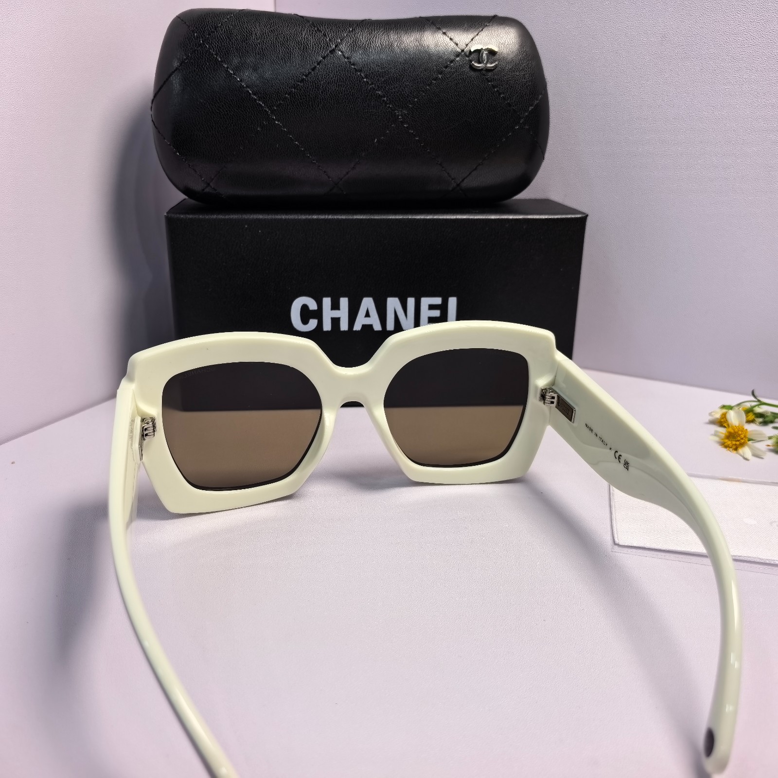 CHANEL 6059 c.1656/M2 White Geometric Square Wide-Frame Sunglasses 53-21-140