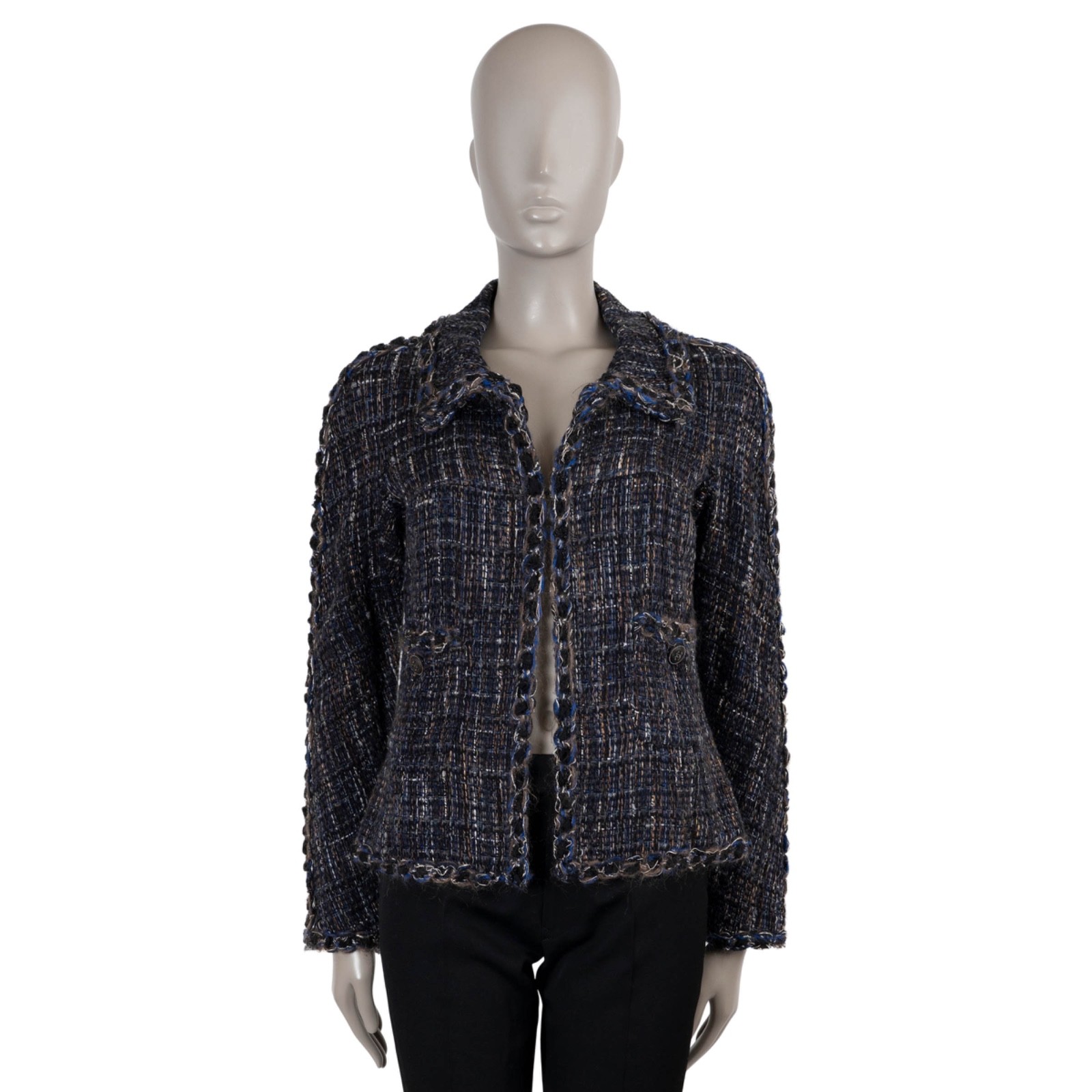 73174 auth CHANEL navy black brown 11K BRAID TRIM TWEED Jacket 40 M
