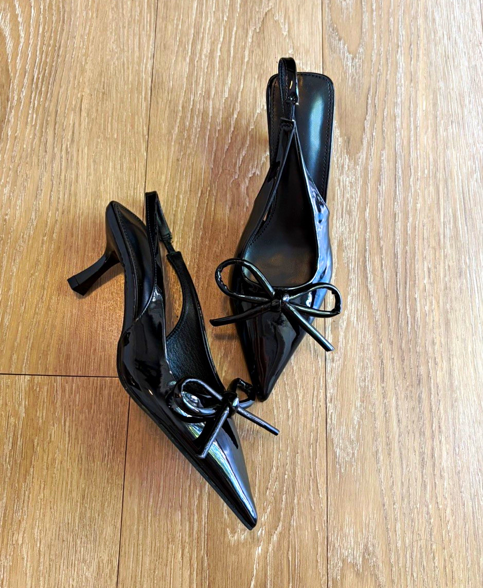 Black Patent Pleather Pointed-Toe Slingback Pumps w/ Bow Detail