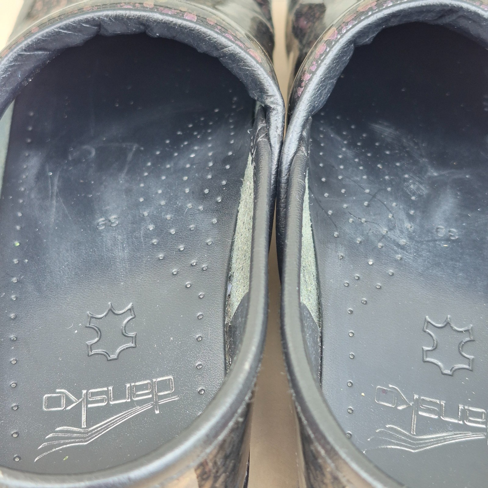 Women’s Dansko Patent Professional Clogs Metallic Ink Paint Splat Size: 39