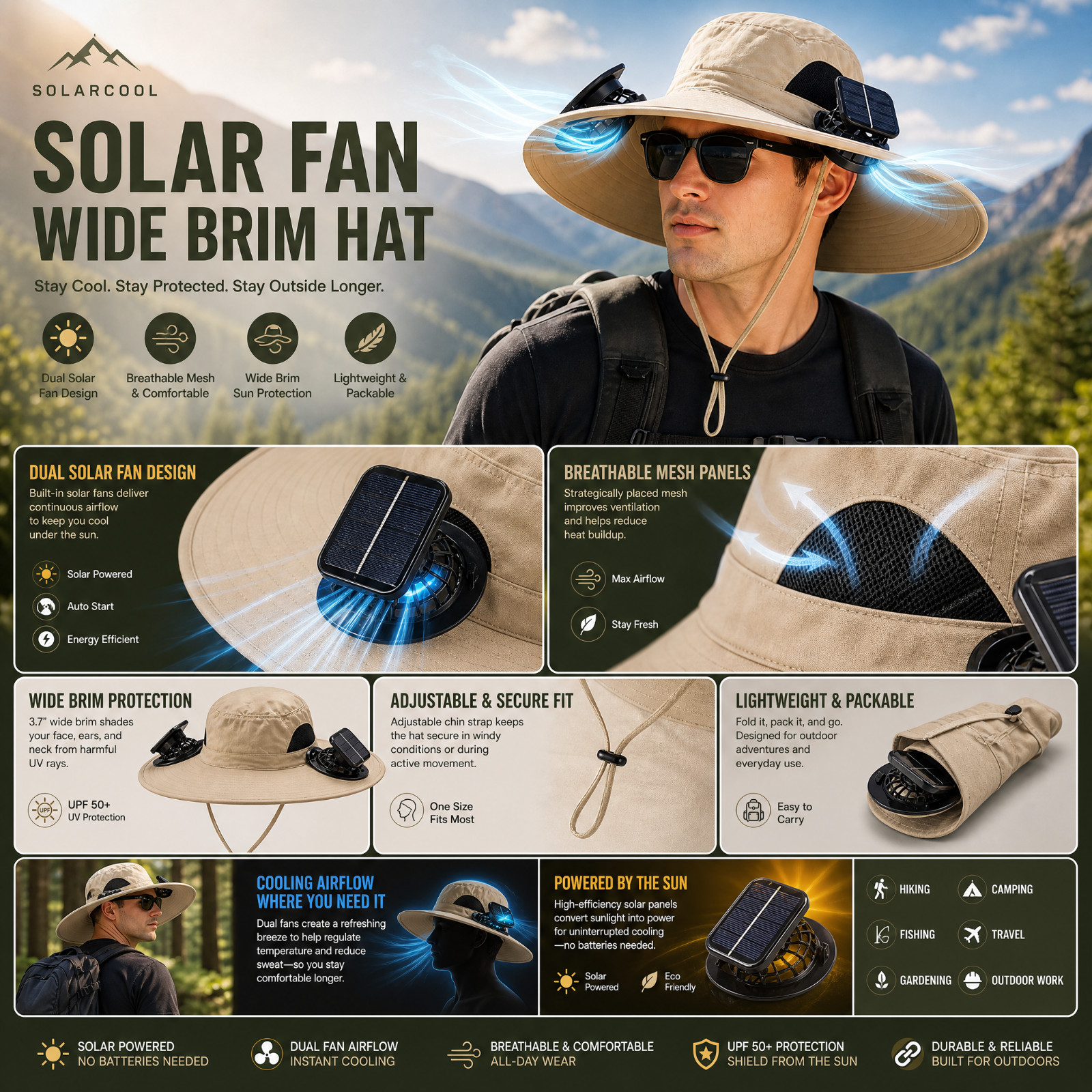 Khaki Solar Fan Hat Wide Brim Cooling Sun Hat Dual Fans Outdoor Fishing Camping
