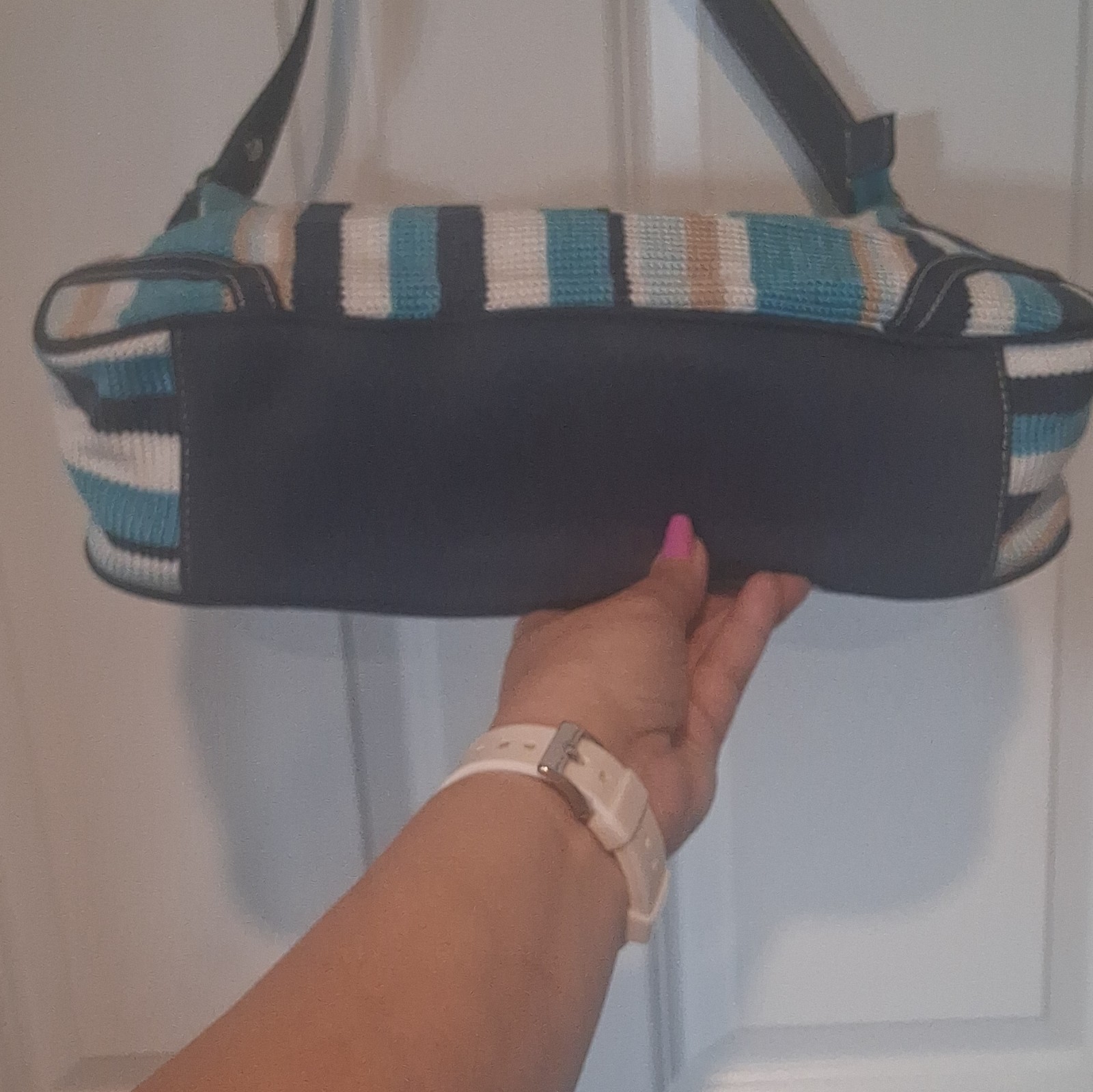 The Sak Striped Shoulder Bag Blue White Beige Black Zip Closure Pockets Lined